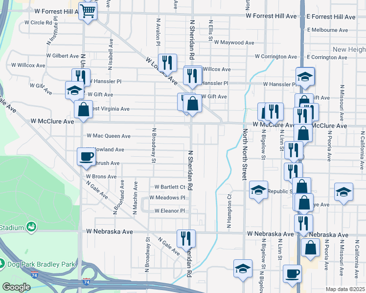 map of restaurants, bars, coffee shops, grocery stores, and more near 711 W Nowland Ave in Peoria