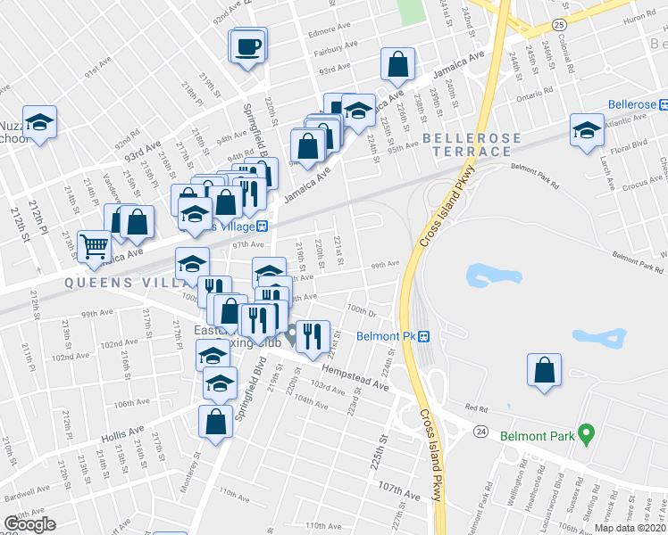 map of restaurants, bars, coffee shops, grocery stores, and more near 220-25 99th Avenue in Queens