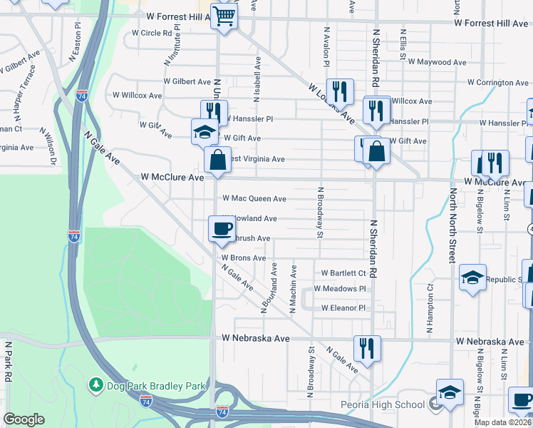 map of restaurants, bars, coffee shops, grocery stores, and more near 1107 West Nowland Avenue in Peoria