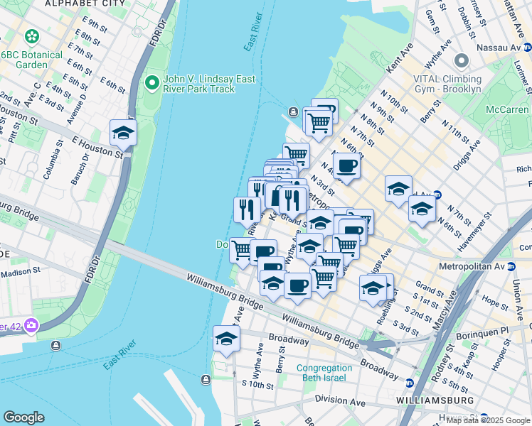 map of restaurants, bars, coffee shops, grocery stores, and more near 6 Grand Street in Brooklyn