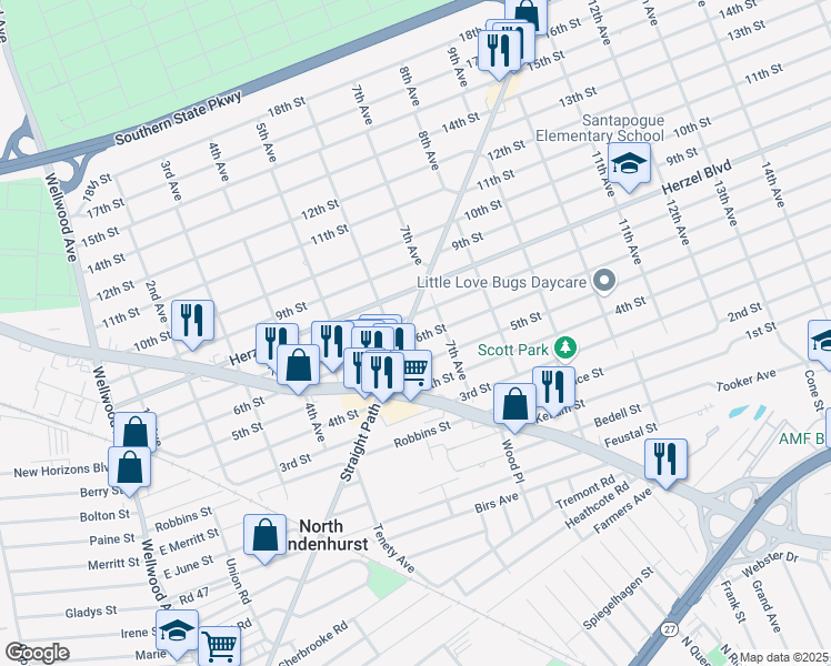 map of restaurants, bars, coffee shops, grocery stores, and more near 631 6th Street in West Babylon
