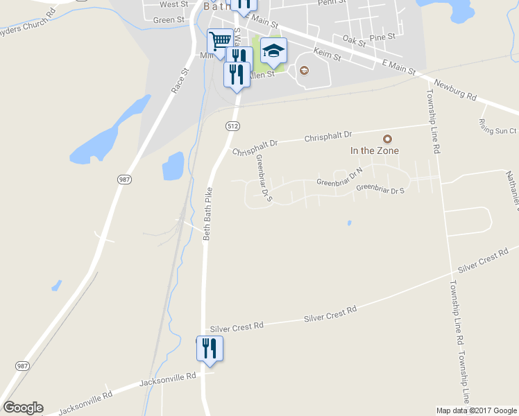 map of restaurants, bars, coffee shops, grocery stores, and more near 171 Bentwood Circle in Bath