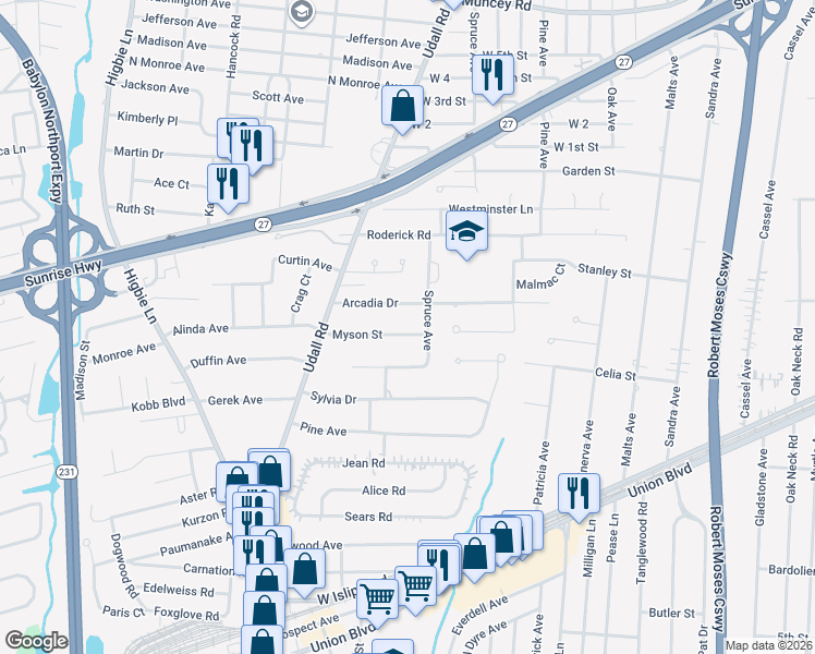 map of restaurants, bars, coffee shops, grocery stores, and more near 47 Myson Street in West Islip