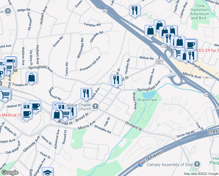 map of restaurants, bars, coffee shops, grocery stores, and more near 107 Broad Street in Summit