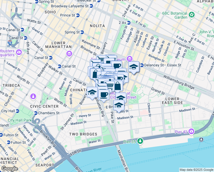map of restaurants, bars, coffee shops, grocery stores, and more near 100 Hester Street in New York