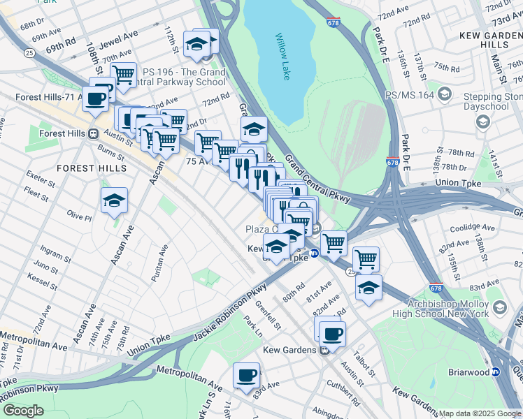 map of restaurants, bars, coffee shops, grocery stores, and more near 11156 76th Drive in Queens