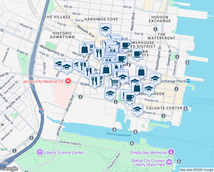 map of restaurants, bars, coffee shops, grocery stores, and more near 237 Grand Street in Jersey City