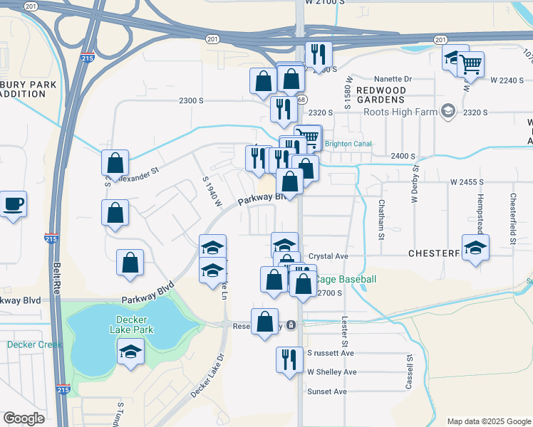 map of restaurants, bars, coffee shops, grocery stores, and more near 2532 South Lake Park Circle in West Valley City