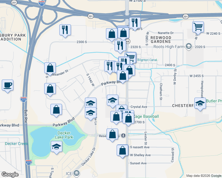 map of restaurants, bars, coffee shops, grocery stores, and more near 2530 South Lakecrest Drive in West Valley City