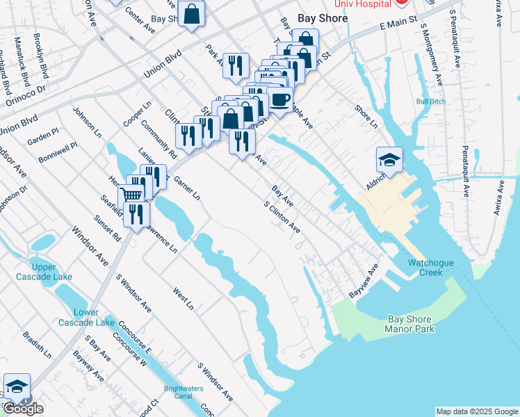 map of restaurants, bars, coffee shops, grocery stores, and more near 54 Clinton Avenue in Bay Shore