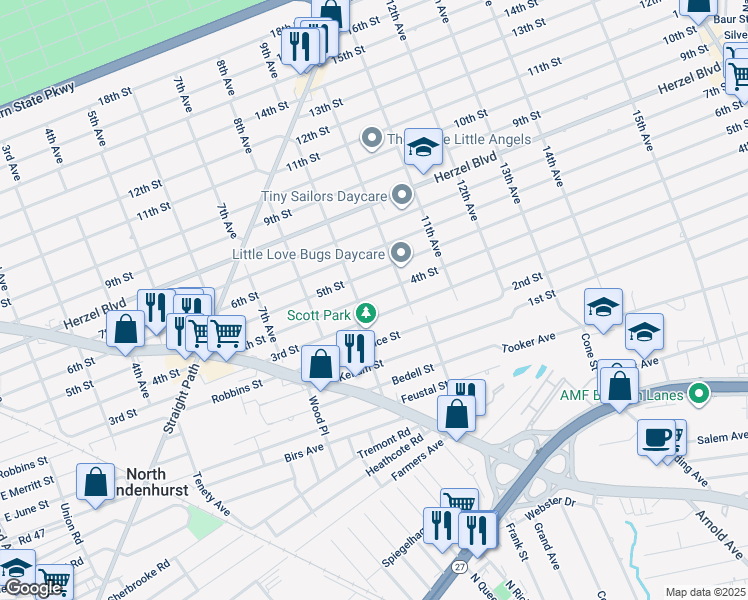 map of restaurants, bars, coffee shops, grocery stores, and more near 914 3rd Street in West Babylon