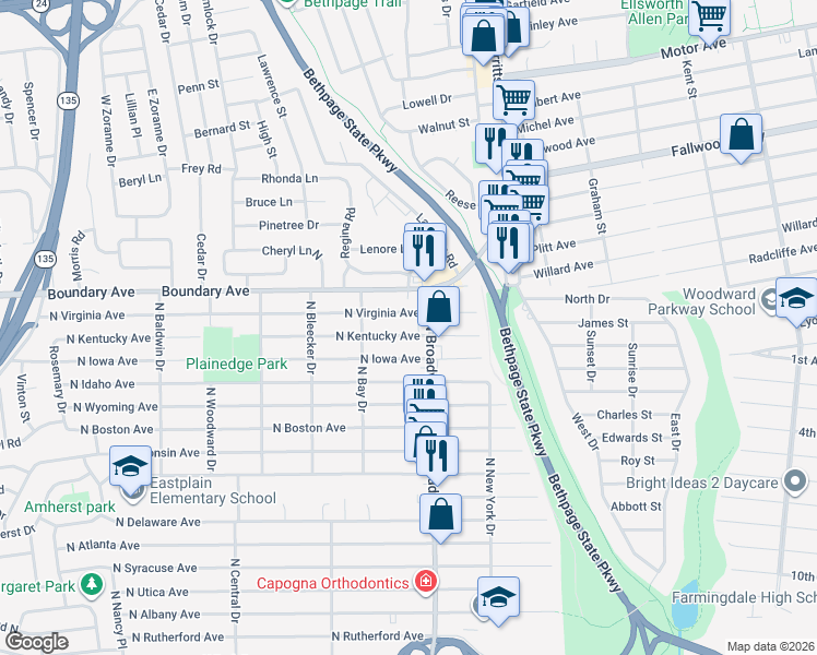 map of restaurants, bars, coffee shops, grocery stores, and more near 286 North Kentucky Avenue in Massapequa
