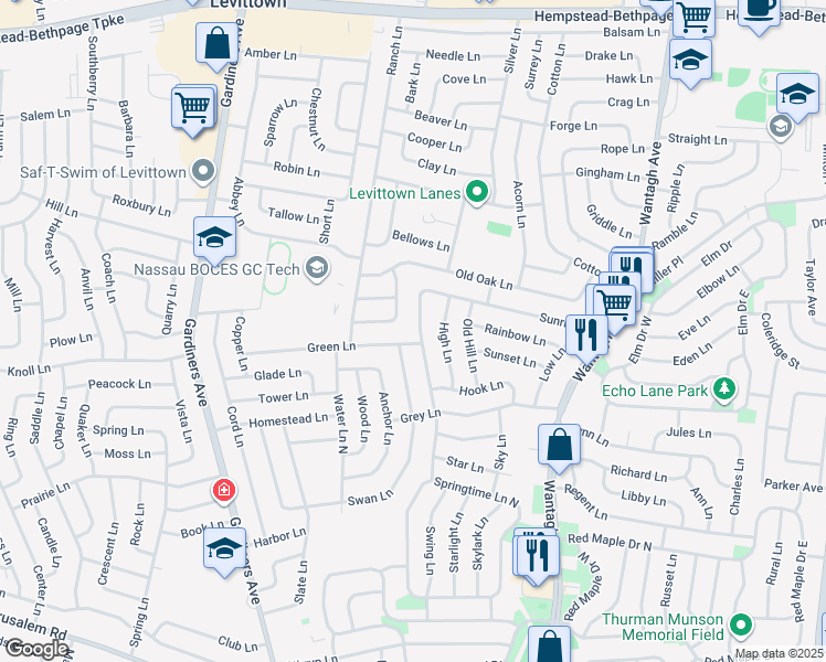 map of restaurants, bars, coffee shops, grocery stores, and more near 126 Sunrise Lane in Levittown
