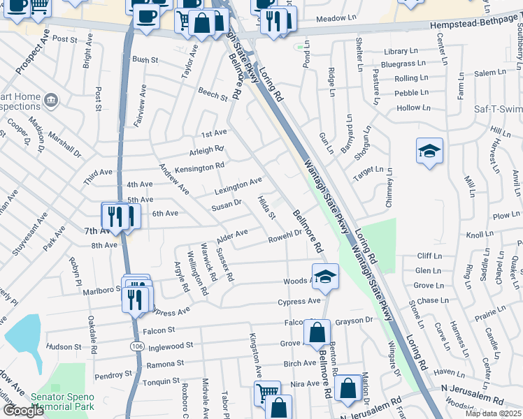 map of restaurants, bars, coffee shops, grocery stores, and more near 312 Hilda Street in East Meadow