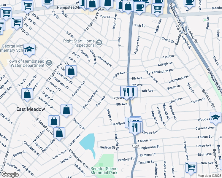 map of restaurants, bars, coffee shops, grocery stores, and more near 2045 Park Avenue in East Meadow