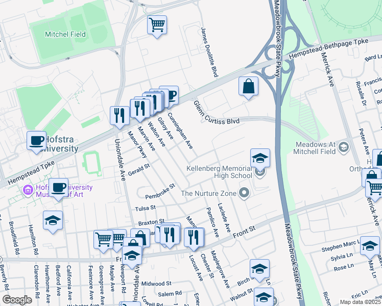 map of restaurants, bars, coffee shops, grocery stores, and more near 122 Gilroy Avenue in Uniondale