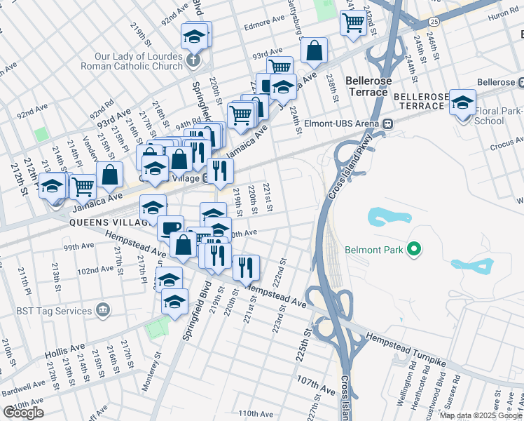 map of restaurants, bars, coffee shops, grocery stores, and more near 220-25 99th Avenue in Queens