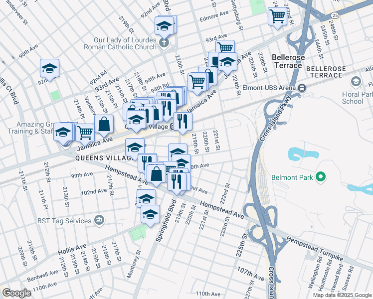 map of restaurants, bars, coffee shops, grocery stores, and more near 218-65 99th Avenue in Queens
