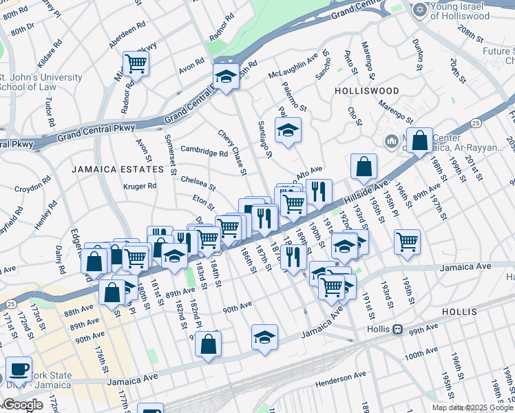 map of restaurants, bars, coffee shops, grocery stores, and more near 18747 Wexford Terrace in Queens