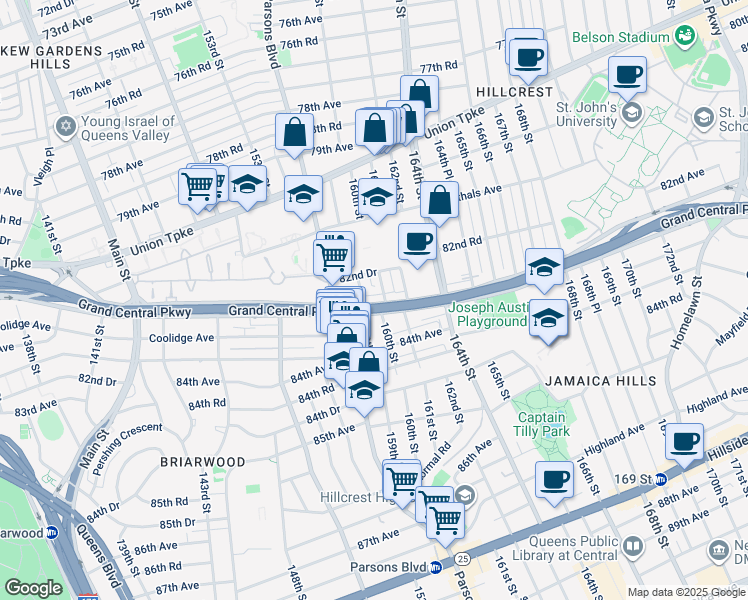 map of restaurants, bars, coffee shops, grocery stores, and more near 159-17 Grand Central Parkway in Queens