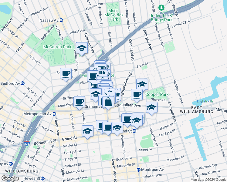 map of restaurants, bars, coffee shops, grocery stores, and more near 176 Skillman Avenue in Brooklyn