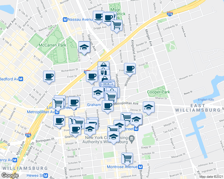 map of restaurants, bars, coffee shops, grocery stores, and more near 176 Skillman Avenue in Brooklyn