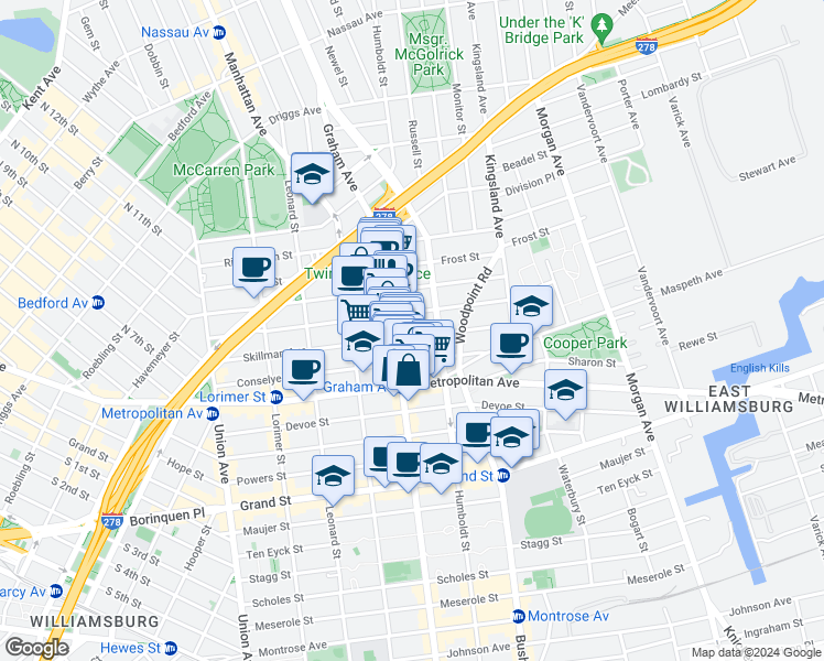 map of restaurants, bars, coffee shops, grocery stores, and more near 176 Skillman Avenue in Brooklyn