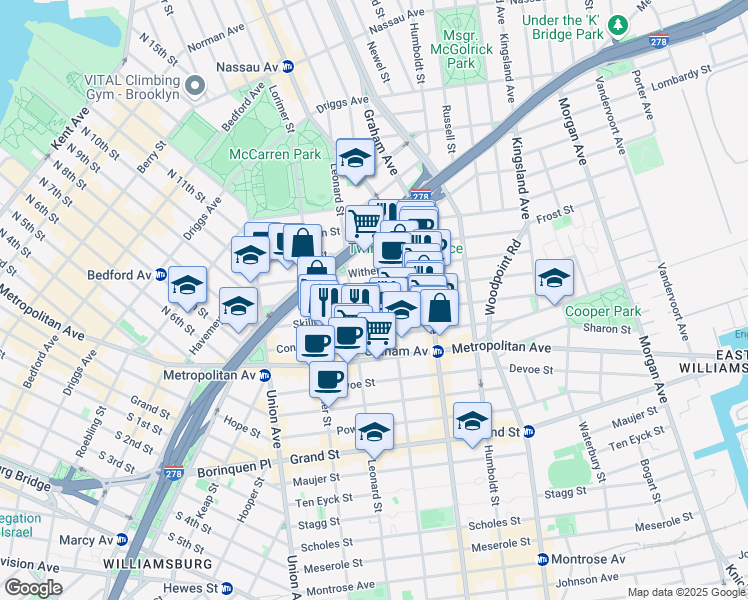 map of restaurants, bars, coffee shops, grocery stores, and more near 111 Skillman Avenue in Brooklyn