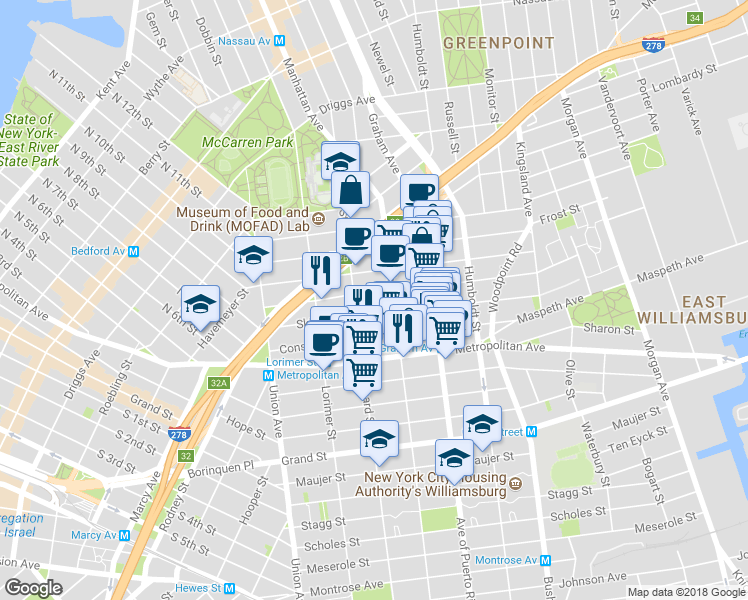 map of restaurants, bars, coffee shops, grocery stores, and more near 111 Skillman Avenue in Brooklyn