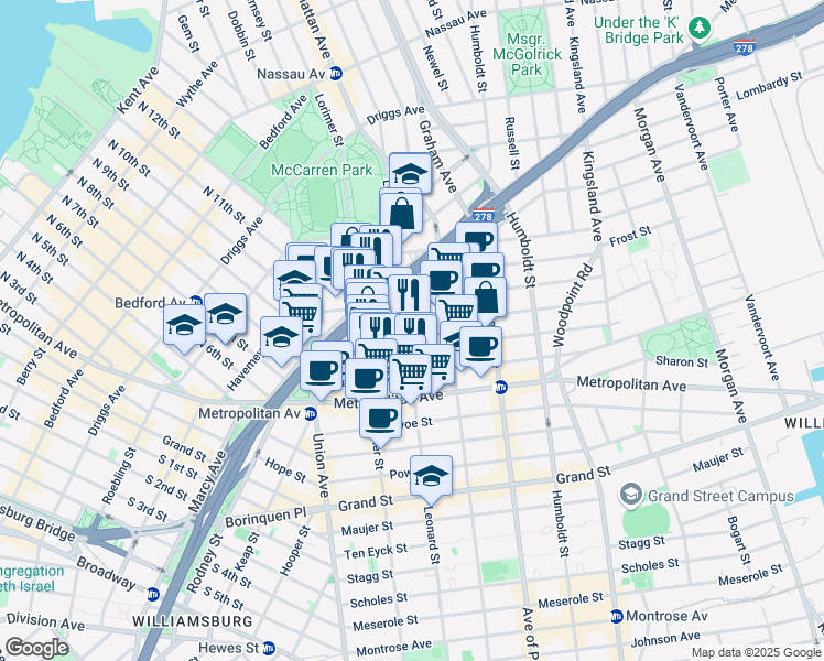 map of restaurants, bars, coffee shops, grocery stores, and more near 76 Jackson Street in Brooklyn
