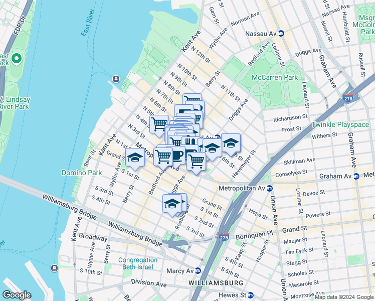 map of restaurants, bars, coffee shops, grocery stores, and more near in Brooklyn