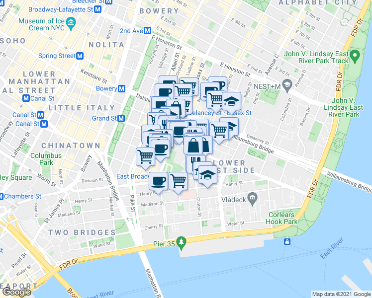 map of restaurants, bars, coffee shops, grocery stores, and more near in New York