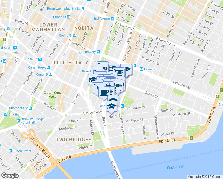 map of restaurants, bars, coffee shops, grocery stores, and more near 50-52 Eldridge Street in New York