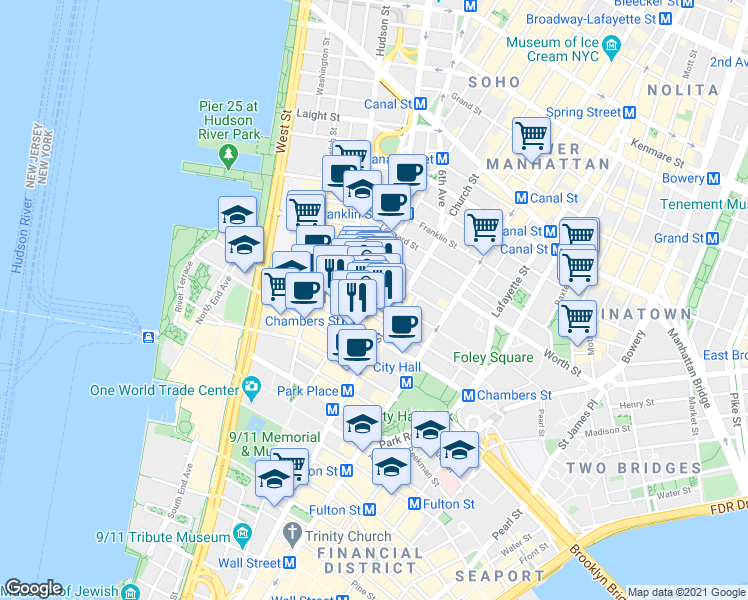 map of restaurants, bars, coffee shops, grocery stores, and more near 112 Reade Street in New York
