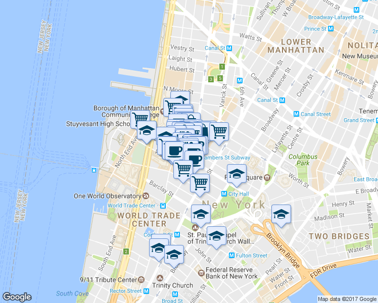 map of restaurants, bars, coffee shops, grocery stores, and more near 155 Chambers Street in New York