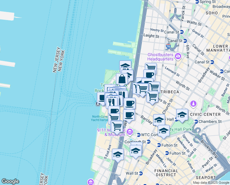 map of restaurants, bars, coffee shops, grocery stores, and more near 707 Murray Street in New York