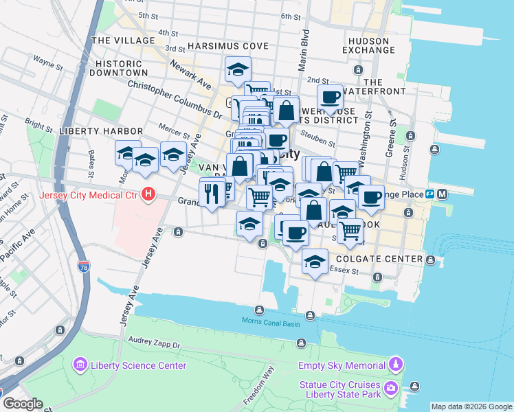 map of restaurants, bars, coffee shops, grocery stores, and more near in Jersey City