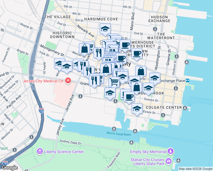 map of restaurants, bars, coffee shops, grocery stores, and more near 237 Grand Street in Jersey City