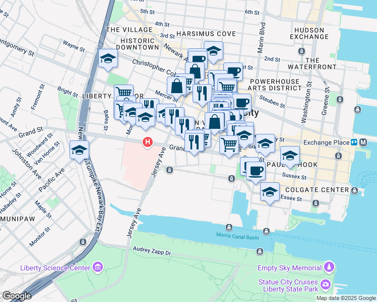 map of restaurants, bars, coffee shops, grocery stores, and more near 111 Liberty View Drive in Jersey City