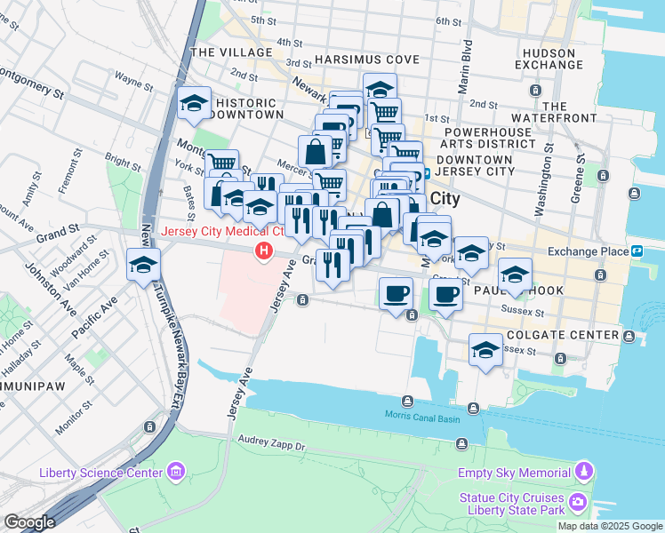 map of restaurants, bars, coffee shops, grocery stores, and more near 111 Liberty View Drive in Jersey City