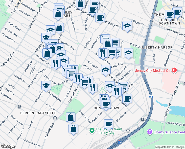 map of restaurants, bars, coffee shops, grocery stores, and more near 460 Communipaw Avenue in Jersey City