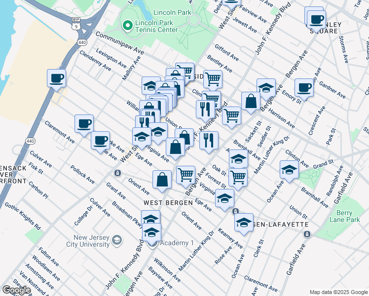 map of restaurants, bars, coffee shops, grocery stores, and more near 2271 John F. Kennedy Boulevard in Jersey City
