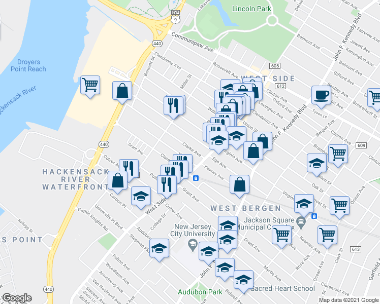 map of restaurants, bars, coffee shops, grocery stores, and more near 24 Yale Avenue in Jersey City