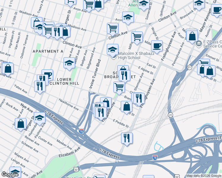 map of restaurants, bars, coffee shops, grocery stores, and more near 174 Johnson Avenue in Newark
