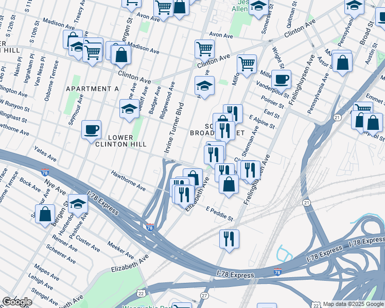 map of restaurants, bars, coffee shops, grocery stores, and more near 172 Johnson Avenue in Newark