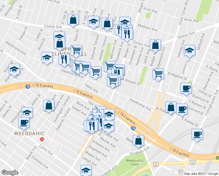 map of restaurants, bars, coffee shops, grocery stores, and more near in Newark