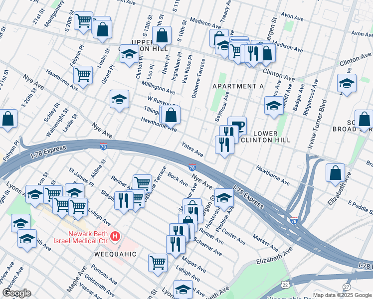 map of restaurants, bars, coffee shops, grocery stores, and more near 34 Yates Avenue in Newark