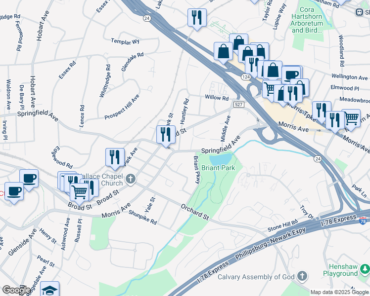map of restaurants, bars, coffee shops, grocery stores, and more near 91 Springfield Avenue in Summit