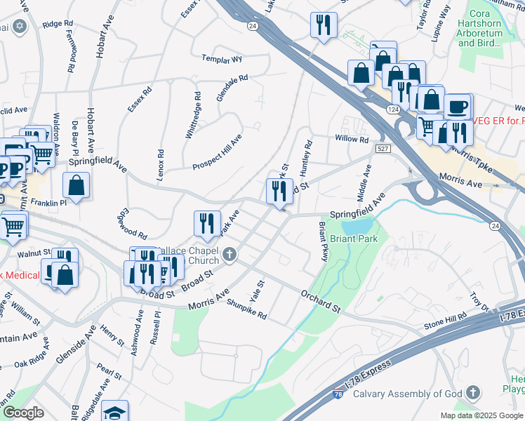 map of restaurants, bars, coffee shops, grocery stores, and more near 107 Broad Street in Summit