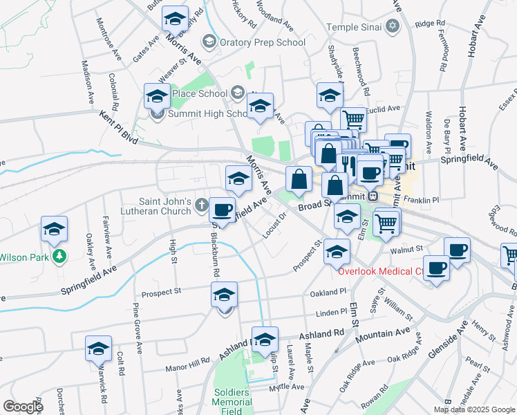 map of restaurants, bars, coffee shops, grocery stores, and more near 548 Springfield Avenue in Summit